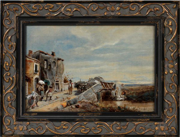 ATTRIBUTED TO OSWALD ACHENBACH OIL ON CANVAS: ATTRIBUTED TO OSWALD ACHENBACH [GERMAN 1827-1905] OIL ON CANVAS 9 7/8" X 14" VILLAGE SCENE:Depicting a village scene with an old bridge, oxcart, people and chickens. Signed lower right and framed.