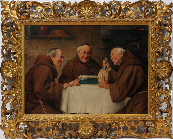ADOLFO BACCI OIL ON CANVAS, 18" X 22", MONKS: ADOLFO BACCI (ITALIAN 1856-1897), OIL ON CANVAS, 18" X 22", MONKS AROUND A TABLE:Signed upper right; Florentine frame.