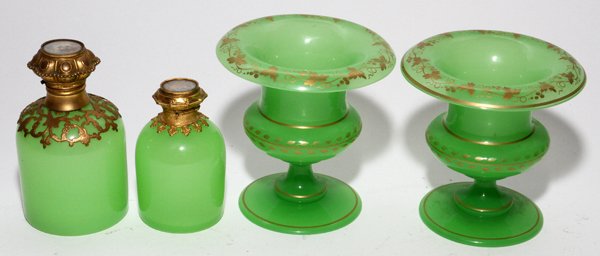OPALINE GLASS SCENT BOTTLES & PAIR OF URNS: OPALINE GLASS SCENT BOTTLES, H 4" & PAIR OF URNS, 19TH C., H 4",:Including a pair of scent bottles with a hinged cover that is decorated with a Classical arch at the top and 1 pair of urns with gilt d