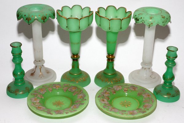GREEN & OPALINE GLASS LUSTERS, CANDLESTICKS &: GREEN & OPALINE GLASS LUSTERS, CANDLESTICKS & PLATES, 19TH C., EIGHT PIECES, H 7"-11":Including 2 pairs of lusters, a pair of candlesticks, and 2 plates, Dia.8".