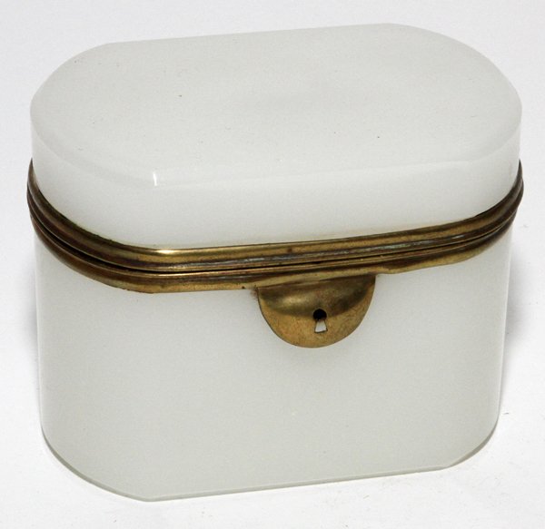 FRENCH OPALINE BOX, C. 1900, H 3 1/2", W 4 3/4": FRENCH OPALINE BOX, C. 1900, H 3 1/2", W 4 3/4":Oval with beveled edge to the hinged cover, brass mounts.