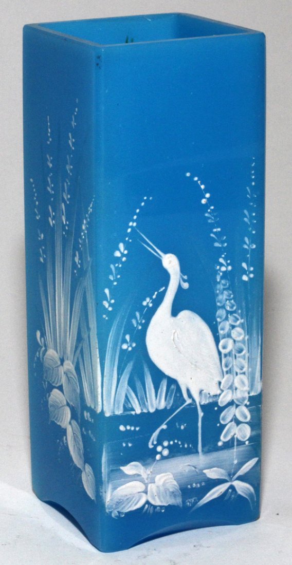 BLUE OPALINE GLASS & ENAMEL VASE H 7", W 2 1/2": BLUE OPALINE GLASS & ENAMEL VASE, H 7", W 2 1/2":Square shape, decorated in white enamel with a crane in a marsh setting.