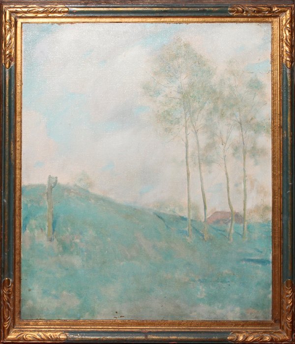 B. CALIA (B. 1900), OIL ON CANVAS, 32" X 26": B. CALIA (B. 1900), OIL ON CANVAS, 32" X 26", LANDSCAPE WITH BIRCH TREES:Signed faintly and somewhat illegibly in the lower right, "B___ Calia. Circa 1930. Framed. H. O. Mc Nierney label.