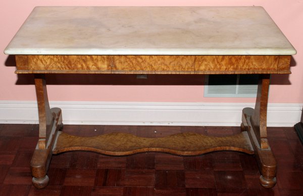 BIEDERMEIER PERIOD FRUITWOOD TABLE C. 1815-1848: BIEDERMEIER PERIOD FRUITWOOD TABLE, C. 1815-1848, H 29", W 48", D 28":Trestle base; marble top is a replacement.