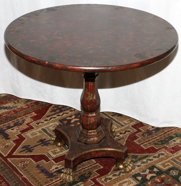 MARIO BUATTA BY WIDDICOMB FRENCH TABLE, H 28": MARIO BUATTA BY WIDDICOMB FRENCH EMPIRE STYLE TABLE, H 28", DIA 30":Round top with faux stenciling, on a paneled standard and four-sided base with paw feet. Widdicomb label underside.