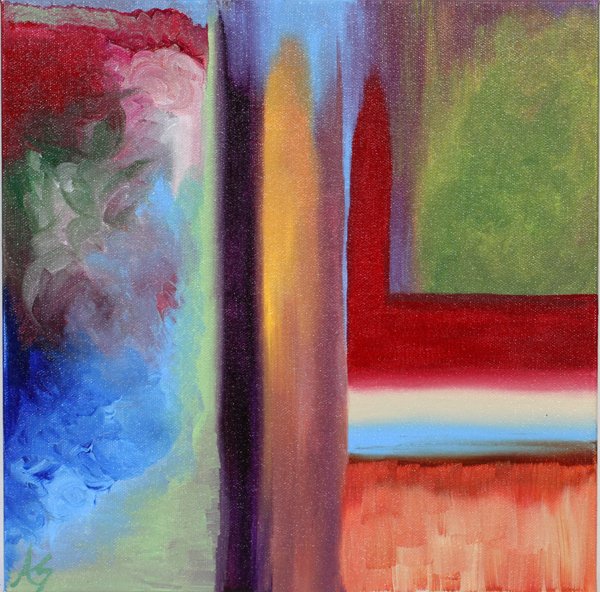 ALI SABELLA ACRYLIC ON CANVAS, 12" X 12",: ALI SABELLA (AMERICAN, 21ST CENTURY), ACRYLIC ON CANVAS, 12" X 12", 'STRUCTURE VS. CHAOS':Richly colored contemporary work is done in an abstract style. Monogramed at the lower left. Unframed.