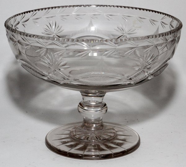 VICTORIAN CUT GLASS COMPOTE, C. 1850, H 7",: VICTORIAN CUT GLASS COMPOTE, C. 1850, H 7", DIA 9":Blown glass compote with cut designs.