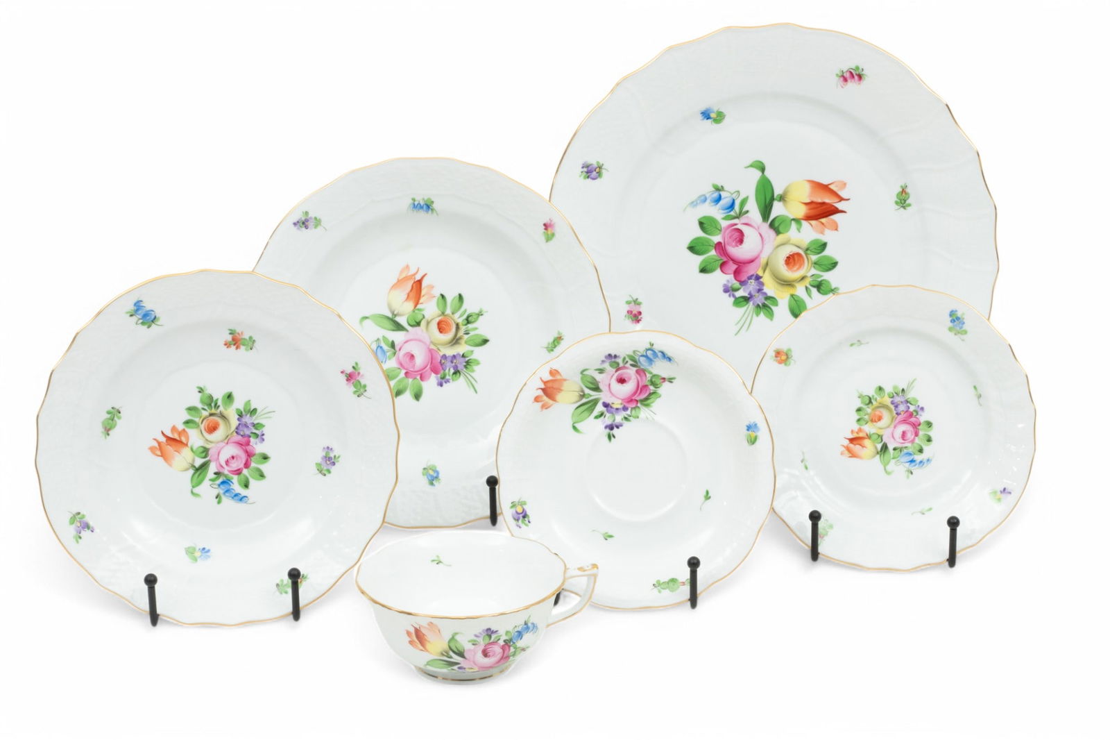 Herend (Hungarian) 'Printemps' Hand-Painted Porcelain Dinner Set, Service for 12 H 2" W 5" Depth (1 of 6)