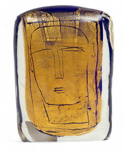 Luigi Benzoni (Italian, B. 1956) for Berengo Glass Studio (Italian) Blown Glass with Gold Leaf: Luigi Benzoni (Italian, B. 1956) for Berengo Glass Studio (Italian) Blown Glass with Gold Leaf Sculpture, , Ca. 2000, 'Volto' The sculpture features a face against gold leaf on blue glass cased in col