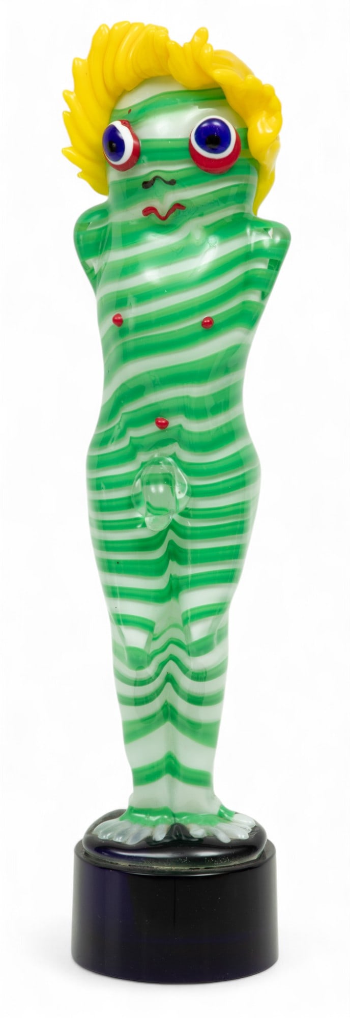 Robert Zeppel-Sperl (Austrian, Viennese, 1944-2005) 'La Familia' Art Glass Figural Sculpture, 1998,: Robert Zeppel-Sperl (Austrian, Viennese, 1944-2005) 'La Familia' Art Glass Figural Sculpture, 1998, "Figlio", H 15.5" W 3.25" Depth 3.25" A male nude with applied yellow hair, blue and red eyes, and c