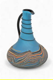 Bill Poceta (American, Michigan, 20th/21st C.) Blown Glass Blue Swirl Ewer H 9" Dia. 6" (1 of 6)