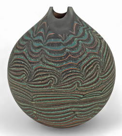 Bill Poceta (American, Michigan, 20th/21st C.) Blown Glass Blue & Black Swirl Vase H 7.8" W 6.5" (1 of 6)