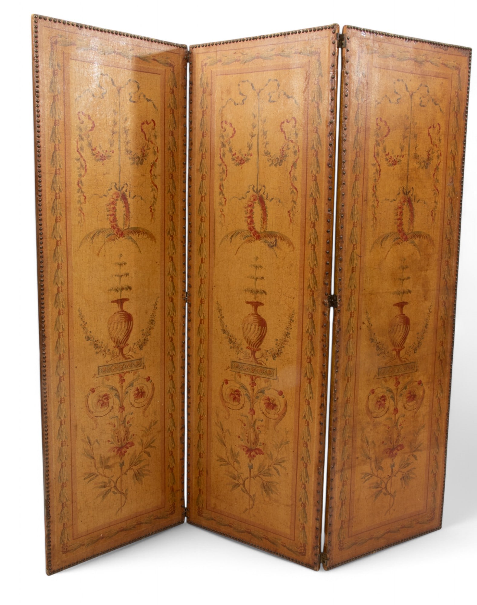 Italian Three Panel Divider Screen on Canvas 19th.c. H 78" W 75" 1 PC: Italian Three Panel Divider Screen on Canvas 19th.c. H 78" W 75" 1 PC Screen is on canvas mounted on wood. Motif of urn, floral swags, cascades. Brass nail heads secure canvas. Each panel is 25" wide.