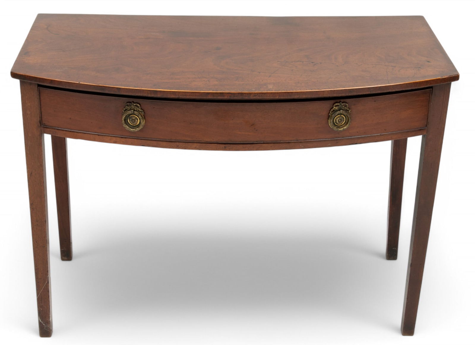 Sheraton Style Mahogany Console Table, 1900 H 28.5" W 39" Depth 20": Sheraton Style Mahogany Console Table, 1900 H 28.5" W 39" Depth 20" Bow front with flame grain mahogany top. Single cock beaded drawer with bronze wreath form pulls. Provenance: Collection of Bill an