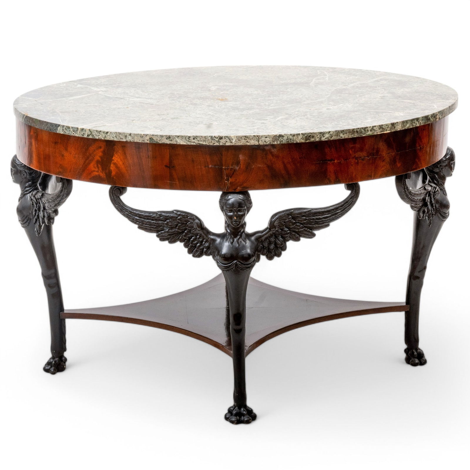 Italian, Empire Style Mahogany And Marble Top Oval Table, 19th C. H 30" W 39" L 46" (1 of 5)