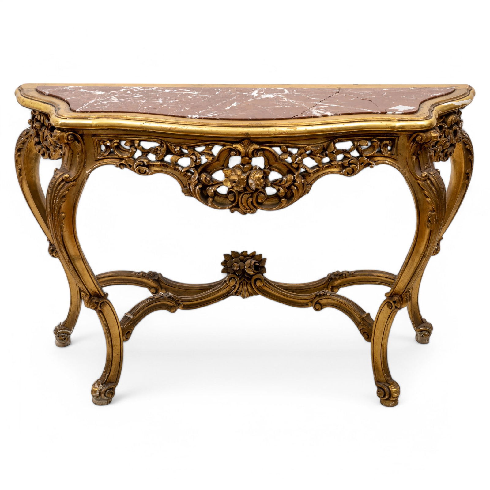 French Louis XV Style Gilt Carved Wood Marble Top Console Table 19th Cen. H 36" W 54" Depth 19.3": French Louis XV Style Gilt Carved Wood Marble Top Console Table 19th Cen. H 36" W 54" Depth 19.3" As is. Inset marble top, pierced and carved wood gold leaf apron, dramatic cabriole legs, lower stretc