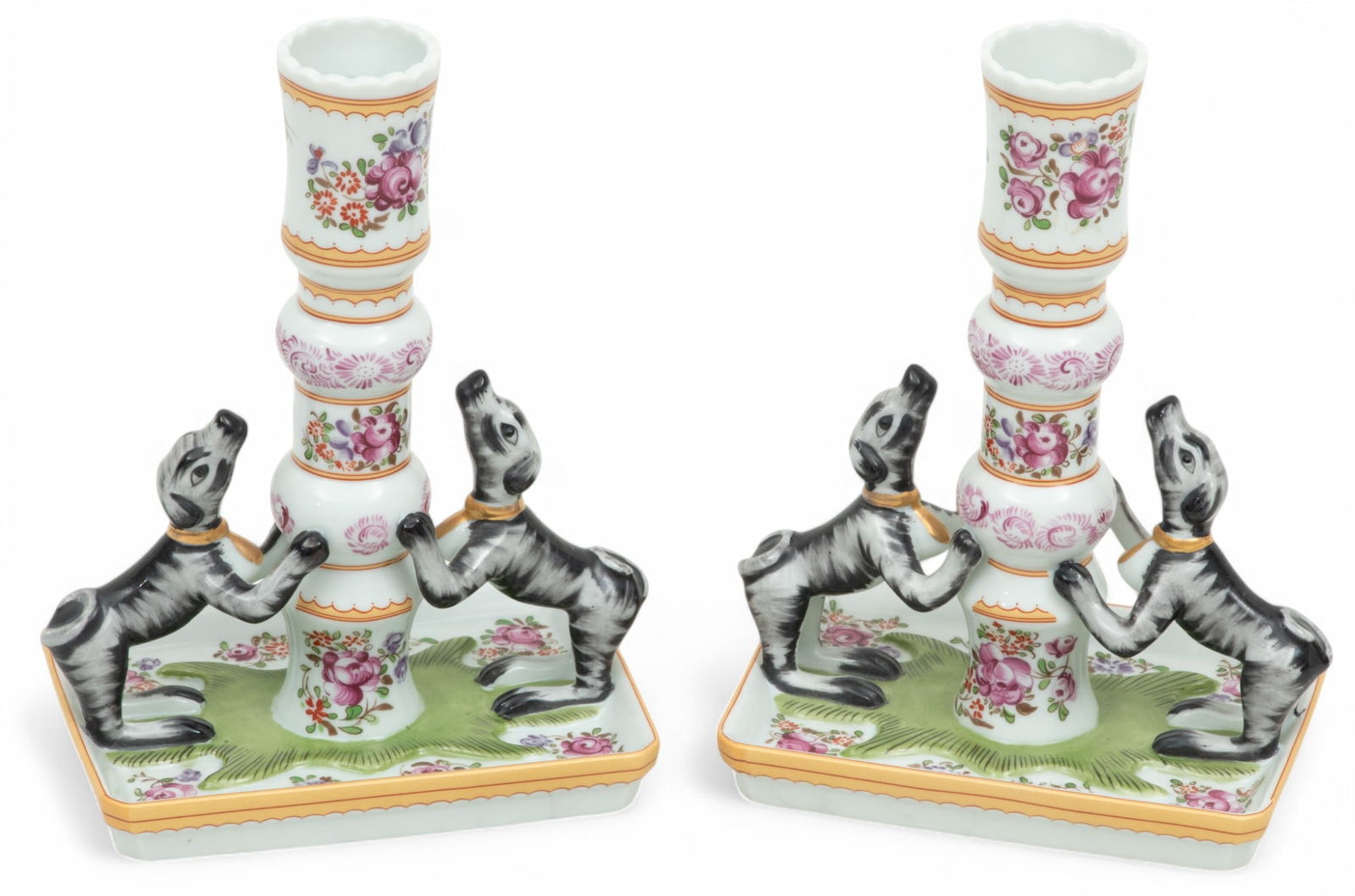 Mottahedeh Pair of Porcelain Candlesticks, Dogs H 7" W 5" 2 PCS (1 of 4)