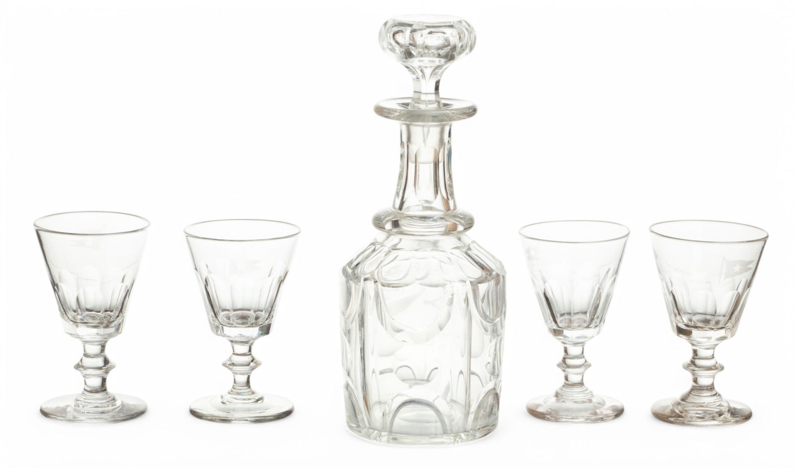 White Star Line Cut Crystal Port Decanter And Four Glasses, Ca. 1900-1915 H 9.5" Dia. 5" (1 of 3)