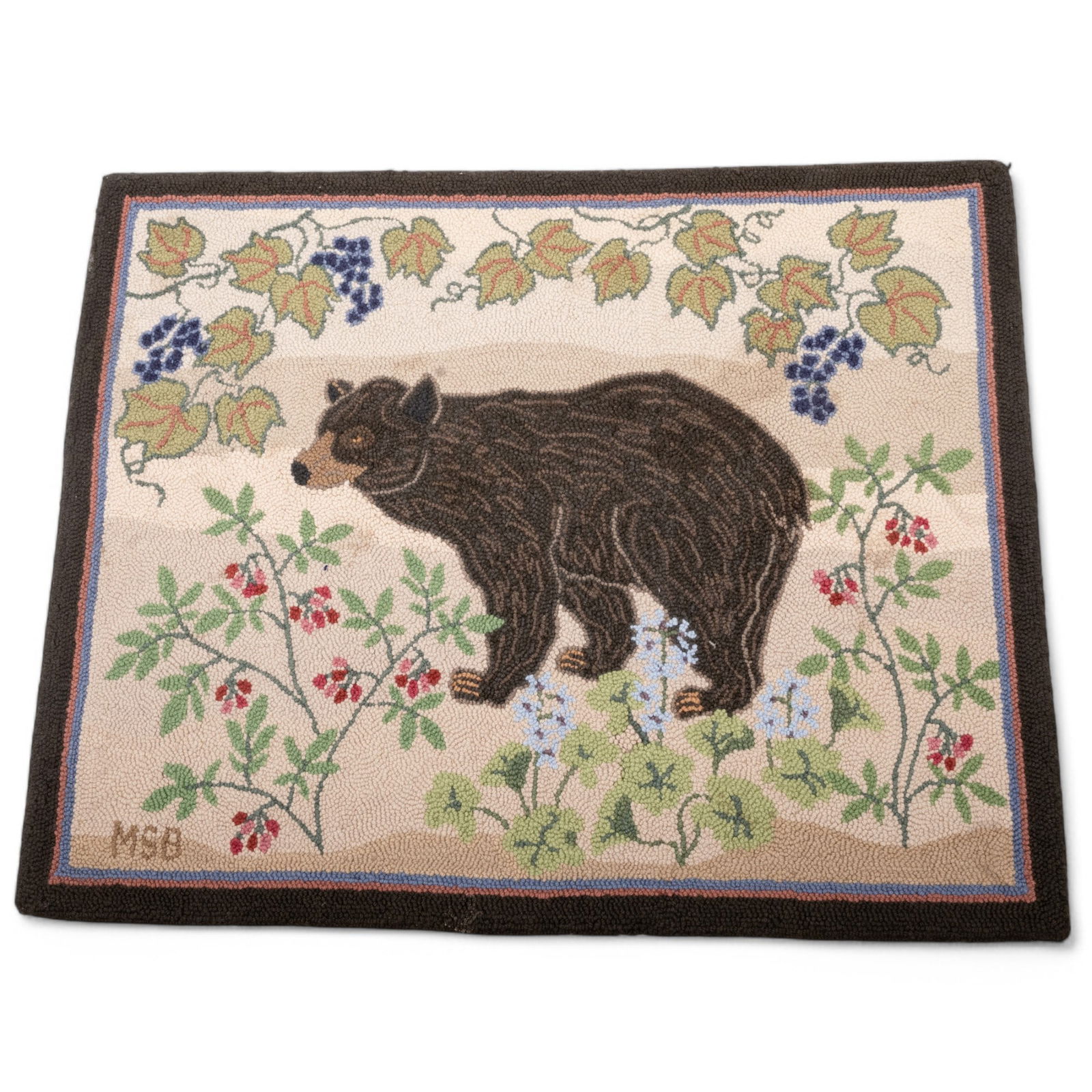 Hooked Rug, Black Bear & Berry Motif W 3' 3" L 4' (1 of 5)