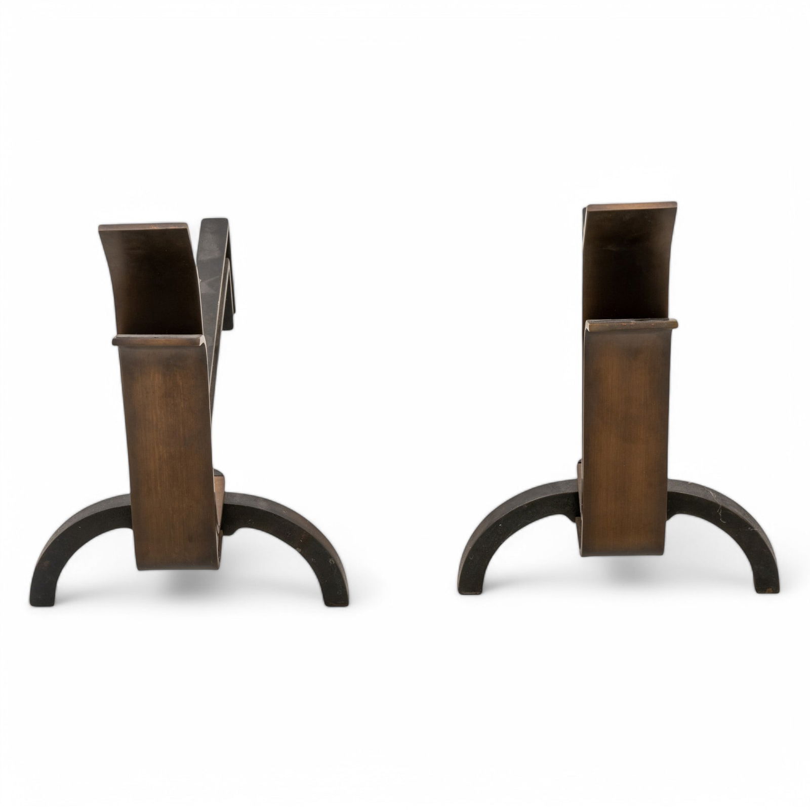 Pair of Modern Andirons, Patinated Metal And Cast Iron H 16" W 10" 1 PAIR (1 of 3)