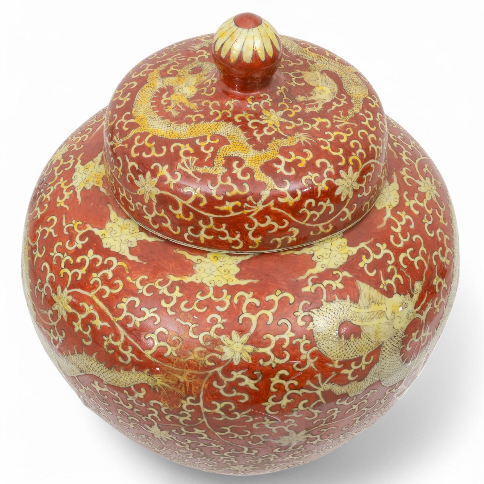 Chinese Porcelain Red And Yellow Covered Dragon Jar H 18" Dia. 16" (1 of 9)