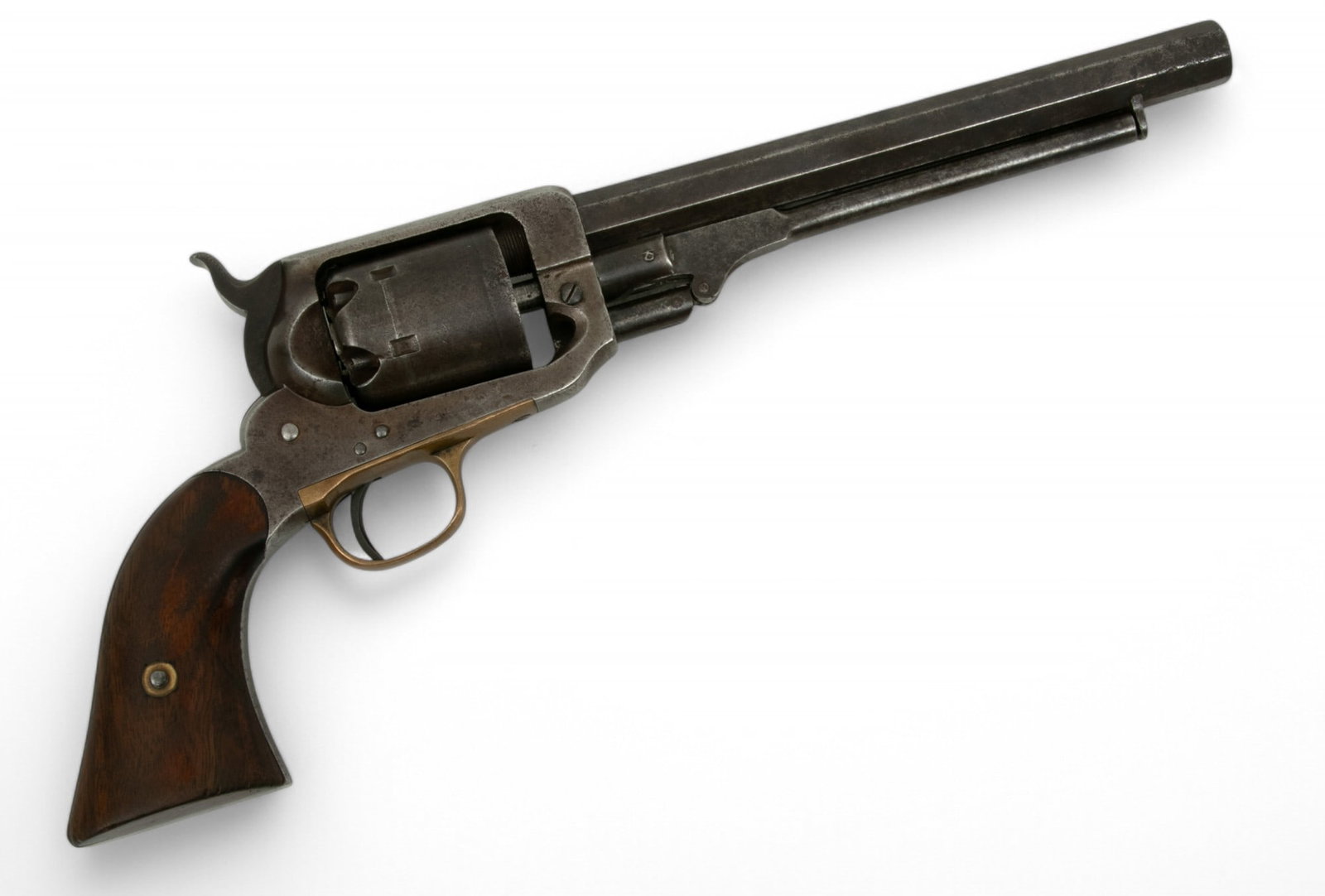 Eli Whitney (New Haven, CT) 6 Shot Percussion Cap Navy Revolver, .36 Cal., Mid 19th C. L 13": Eli Whitney (New Haven, CT) 6 Shot Percussion Cap Navy Revolver, .36 Cal., Mid 19th C. L 13" 7.5" octagonal barrel, straight rifling, marked at the flat "E. Whitney N. Haven". Matching serial numbers 