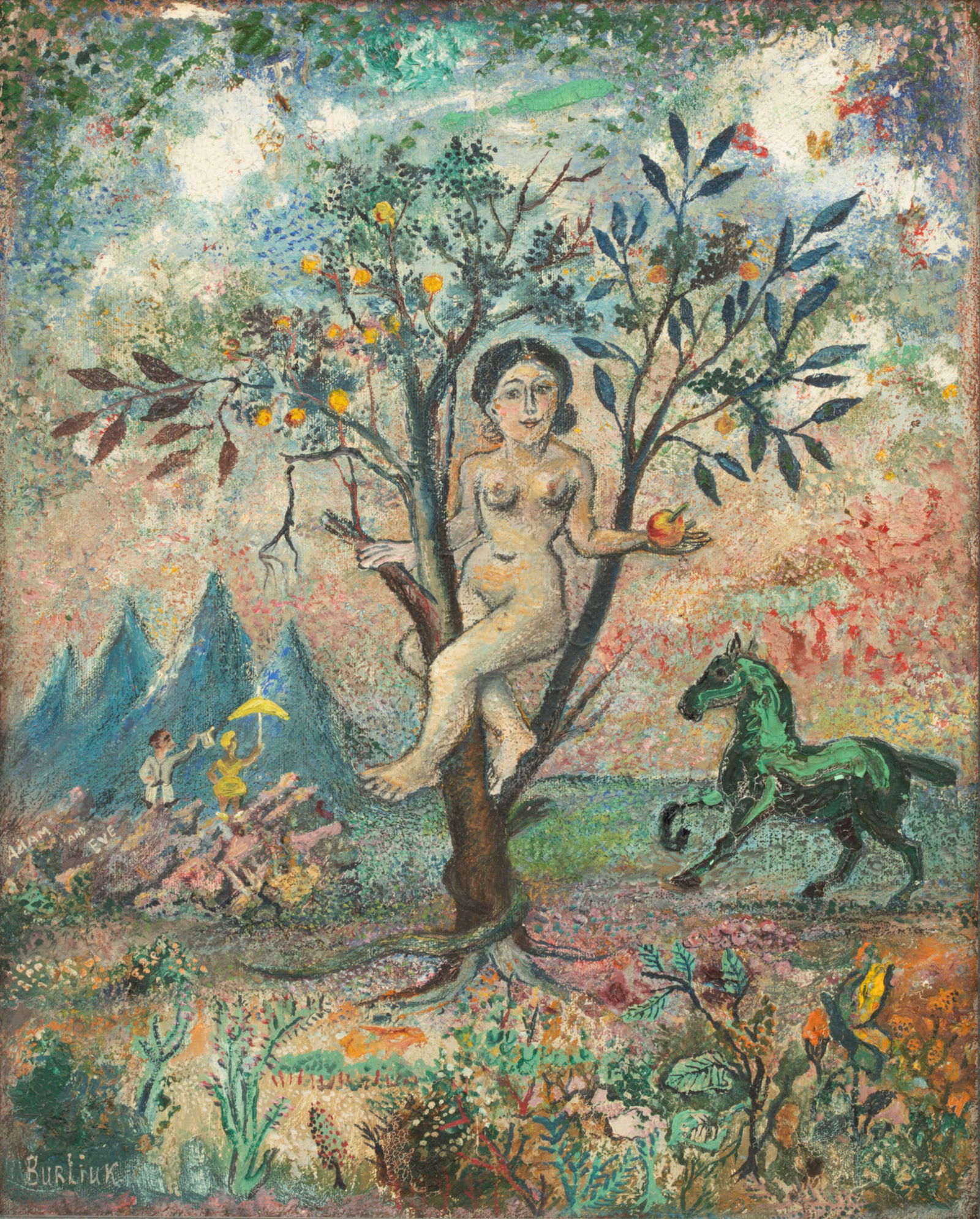 David Davidovich Burliuk (Russian-American, 1882-1967) Oil on Canvas, 'Eve in the Apple Tree' H 19": David Davidovich Burliuk (Russian-American, 1882-1967) Oil on Canvas, 'Eve in the Apple Tree' H 19" W 15.3" Signed in the lower left. Depicting eve holding an apple in Tree of Knowledge of Good and Ev
