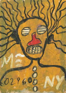 Jean-Michel Basquiat (American, 1960-1988) Acrylic, Oil And Organic Pigment on Postcard, 1982,: Jean-Michel Basquiat (American, 1960-1988) Acrylic, Oil And Organic Pigment on Postcard, 1982, Untitled H 7" W 5" Inscribed with a crown and dated on the verso. Acrylic, oil and organic pigment portra