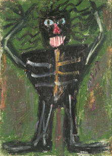 Jean-Michel Basquiat (American, 1960-1988) Acrylic, Oil And Organic Pigment on Postcard, 1982,: Jean-Michel Basquiat (American, 1960-1988) Acrylic, Oil And Organic Pigment on Postcard, 1982, Untitled H 7" W 5" Monogrammed and dated on the verso. Acrylic, oil and organic pigment on postcard depic