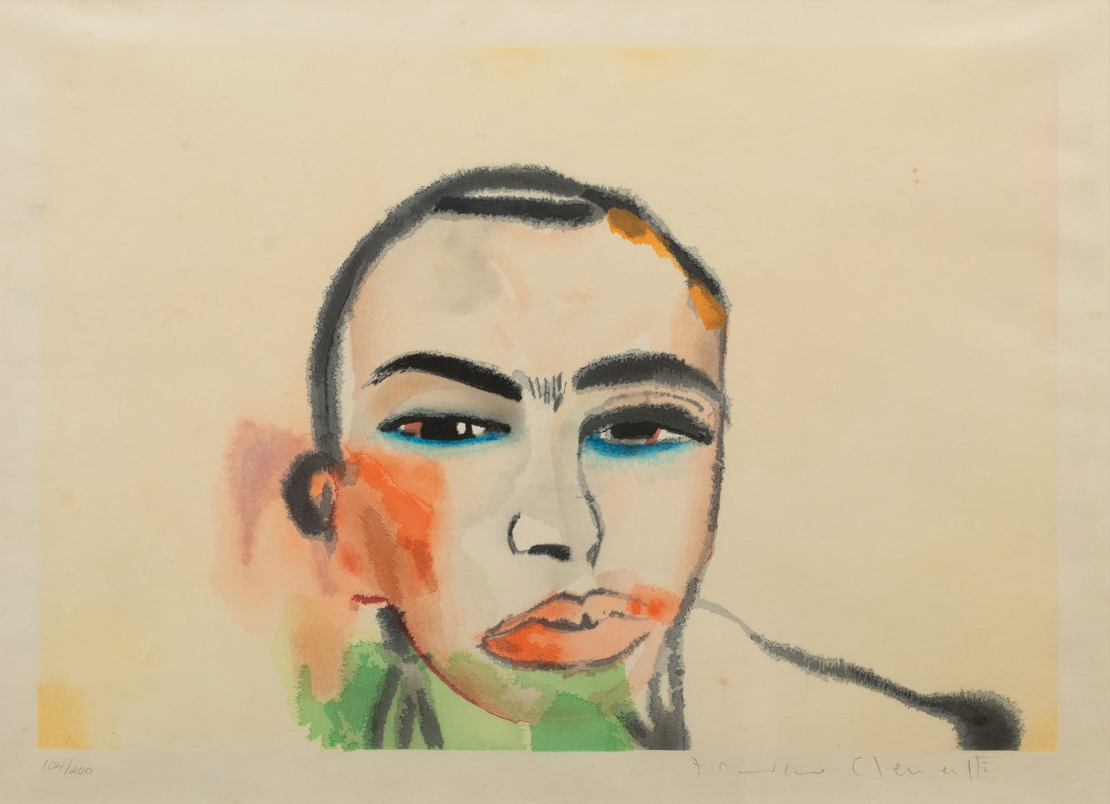 Francesco Clemente (Italian, B. 1952) Woodcut in Colors on Kosa Toza Paper, 'Untitled (Self: Francesco Clemente (Italian, B. 1952) Woodcut in Colors on Kosa Toza Paper, 'Untitled (Self Portrait)' H 14" W 20" Pencil signed in the lower right margin with an edition of 104/200 in the lower left.