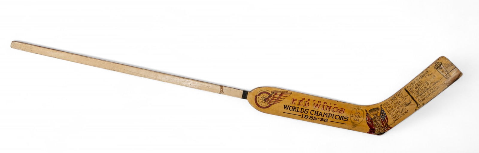 1935-36 World Champion Detroit Red Wings Team Signed Goalie Stick, 1936 W 13" L 64" (1 of 5)
