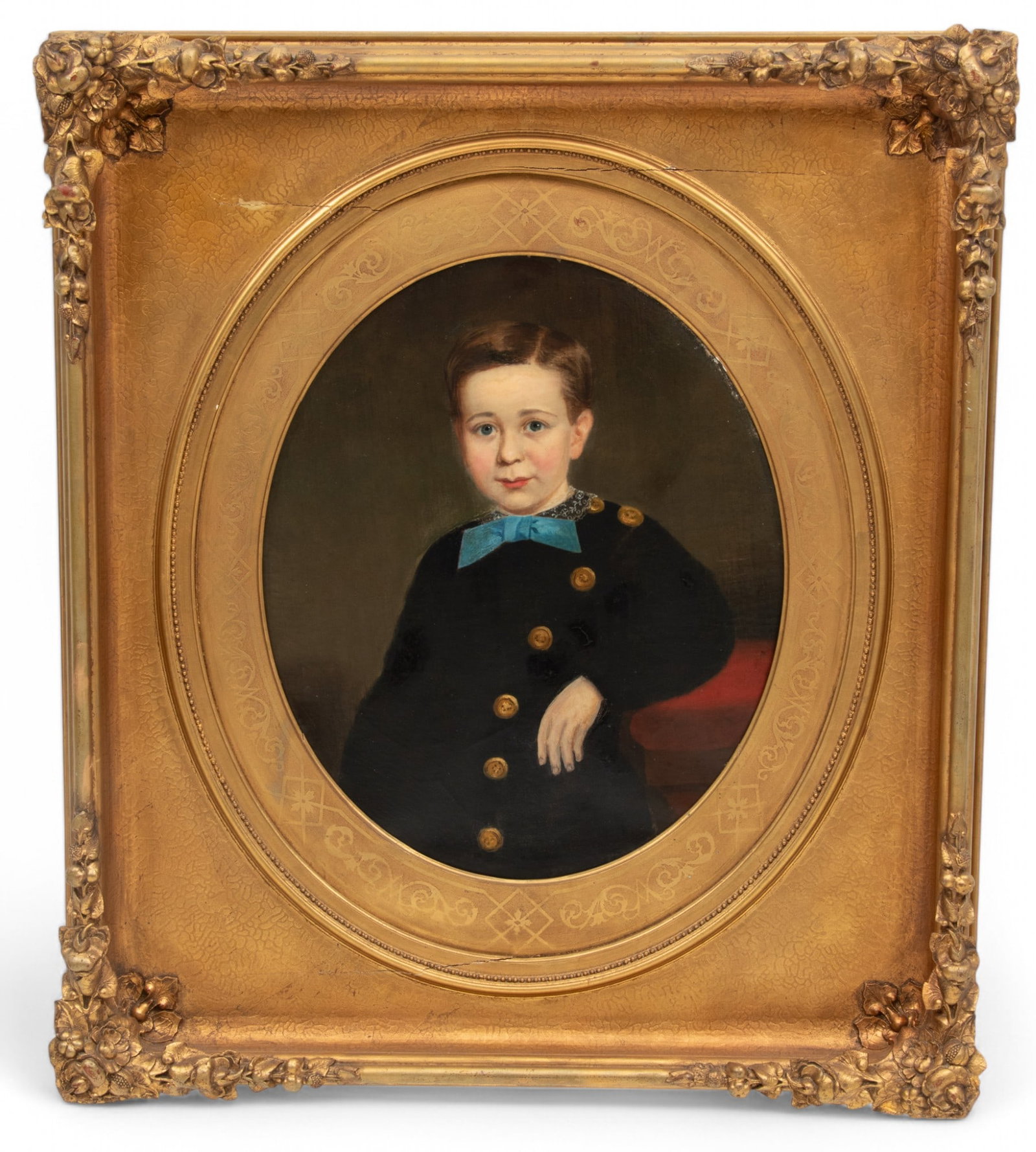South Carolina, Portrait of Boy Oil on Canvas, Ca. 19th C., Portrait of a Boy H 24" W 20": South Carolina, Portrait of Boy Oil on Canvas, Ca. 19th C., Portrait of a Boy H 24" W 20" Giltwood and gesso period frame, H 39.5", W 34.5". Provenance: Collection of Bill and Diane MacDonald, C