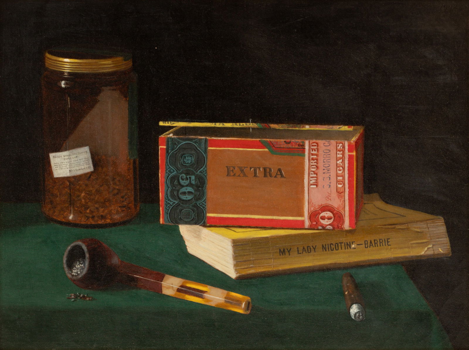 W.S. Reynolds (American, 19th/early 20th C.) Trompe L'oeil Oil on Canvas, 1902, 'My Lady Nicotine' H (1 of 3)