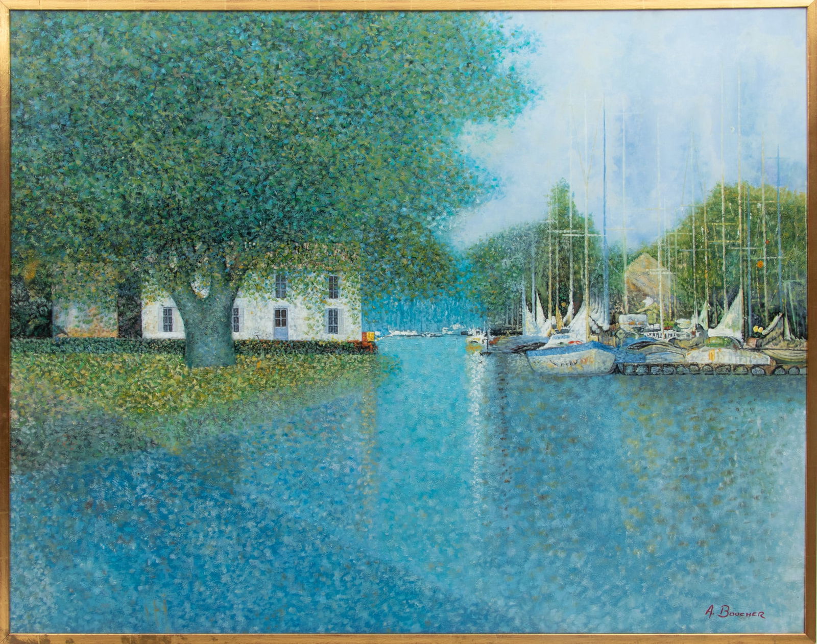 Signed A. Boucher, Oil on Canvas, 'Vista with Docked Sail Boats' H 47" W 59": Signed A. Boucher, Oil on Canvas, 'Vista with Docked Sail Boats' H 47" W 59" Signed in the lower right. Gilt wood narrow frame 49 x 61". Provenance: A Novi, Michigan private collector Dimensions: 1 P