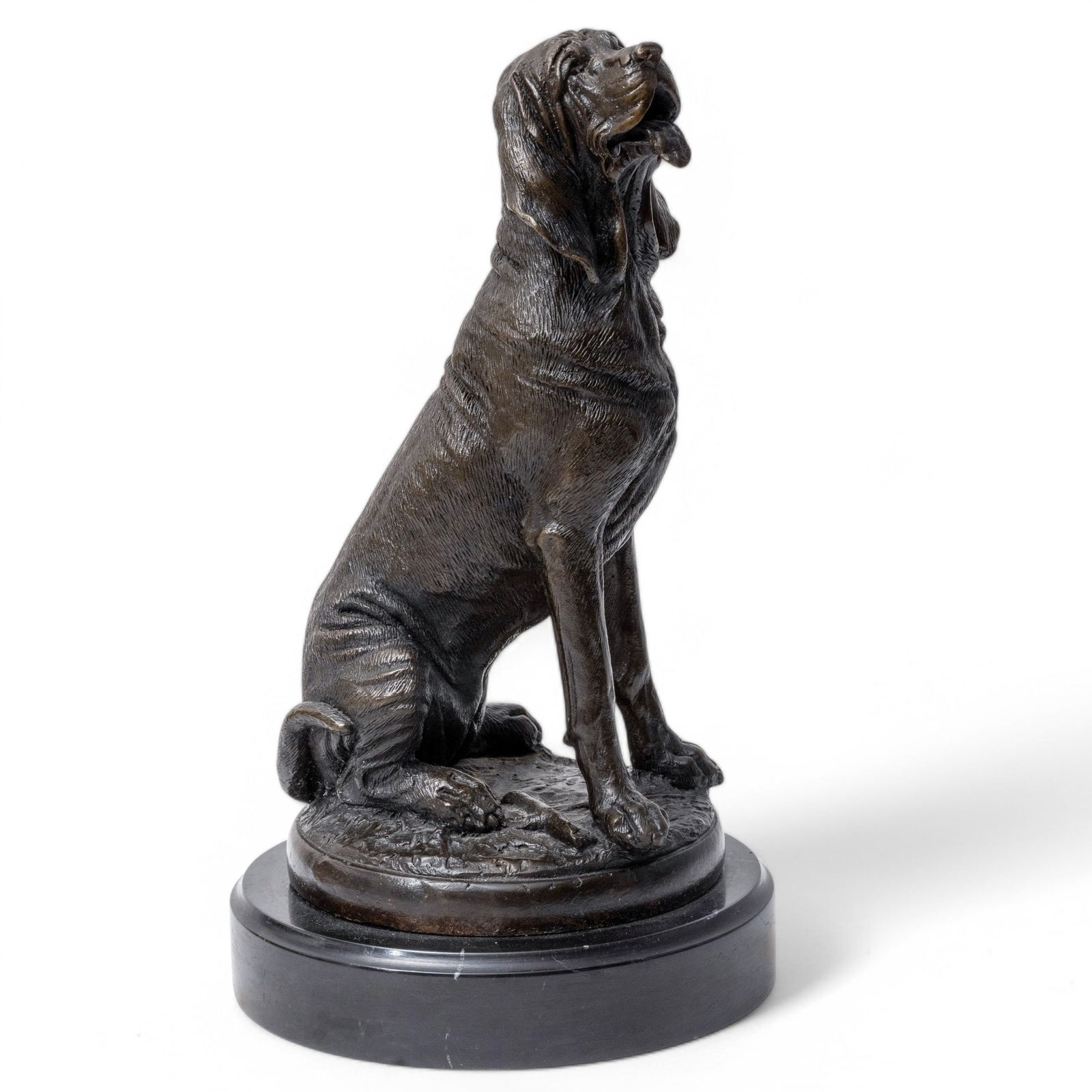 After Pierre Jules Mene (France, 1810-1879) Bronze Sculpture, 20th C., 'Seated Bloodhound' H 8.5": After Pierre Jules Mene (France, 1810-1879) Bronze Sculpture, 20th C., 'Seated Bloodhound' H 8.5" Dia. 4.5" Bronze sculpture of a seated bloodhound. Signed P.J. Mene at the base. Mounted to a black ma