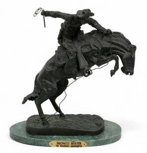 After Frederic Remington (American, 1861-1909) Bronze Sculpture, 'Bronco Buster' H 12" W 3.5" Depth: After Frederic Remington (American, 1861-1909) Bronze Sculpture, 'Bronco Buster' H 12" W 3.5" Depth 10.5" Signed 'Frederic Remington' to the base. Presented on a stone base, measuring H 13.25" overall
