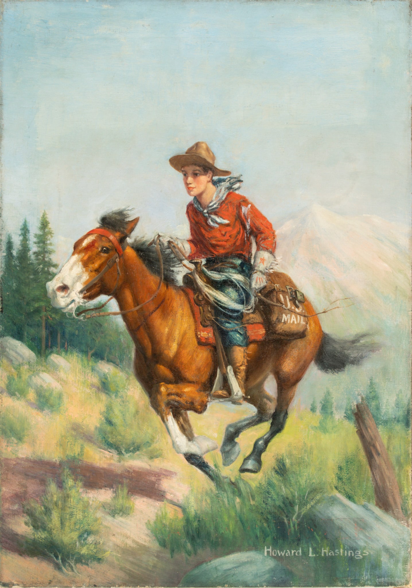 Howard L. Hastings (American, 1887-1955) Oil on Canvas 'Pony Express' H 24" W 17" (1 of 5)