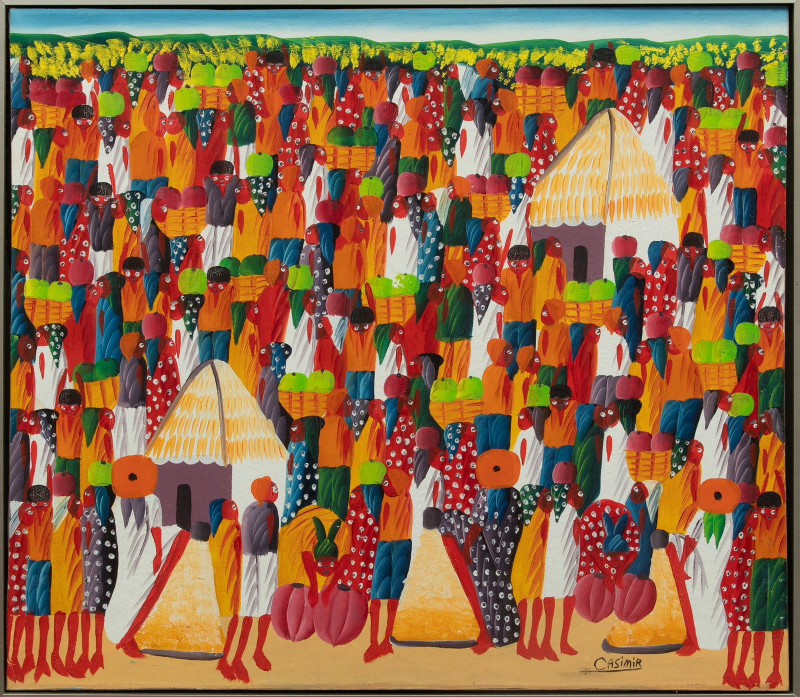 Laurent Casimir (Haitian, 1928-1990) Oil on Canvas, Ca. 1980s H 20.5" W 23.3": Laurent Casimir (Haitian, 1928-1990) Oil on Canvas, Ca. 1980s H 20.5" W 23.3" A Haitian village of numerous figures, two huts, rendered in shades of orange, lime green and red; signed lower right. Pro