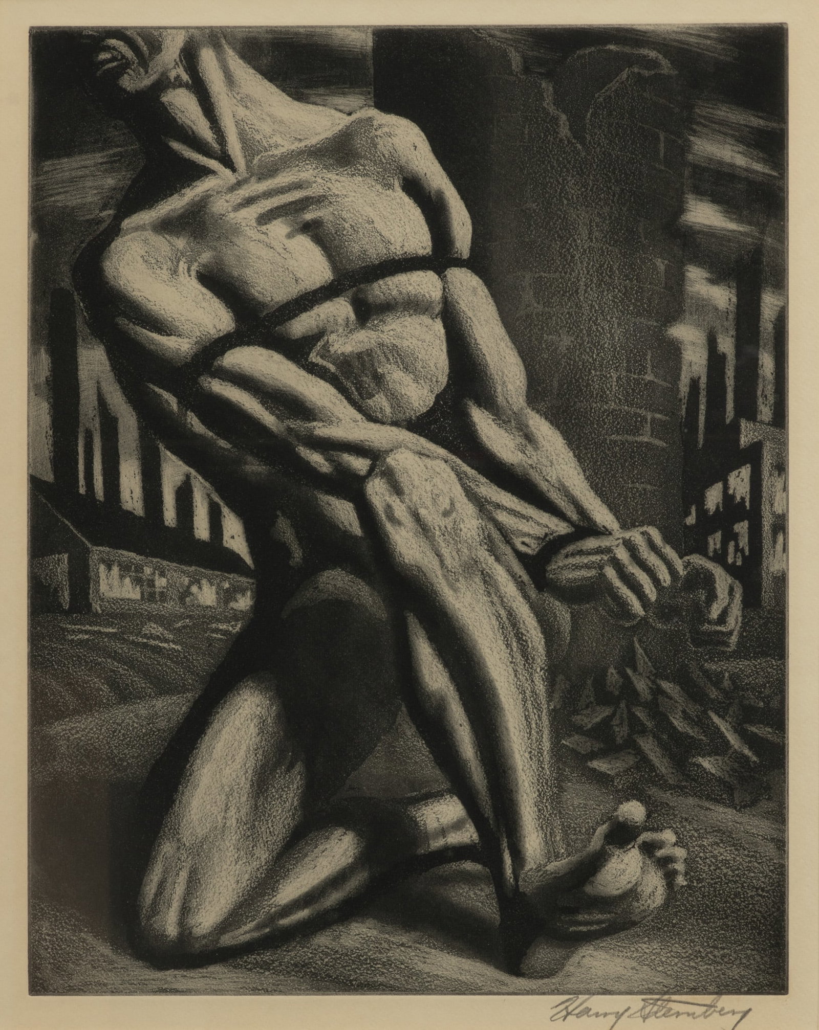 Harry Sternberg (American, 1904-2002) Black And White Aquatint "Enough", H 14.5" W 12": Harry Sternberg (American, 1904-2002) Black And White Aquatint "Enough", H 14.5" W 12" Depicts a bound, nude worker. Published by the Associated American Artists. Purchased in 1985. Provenance: Proper