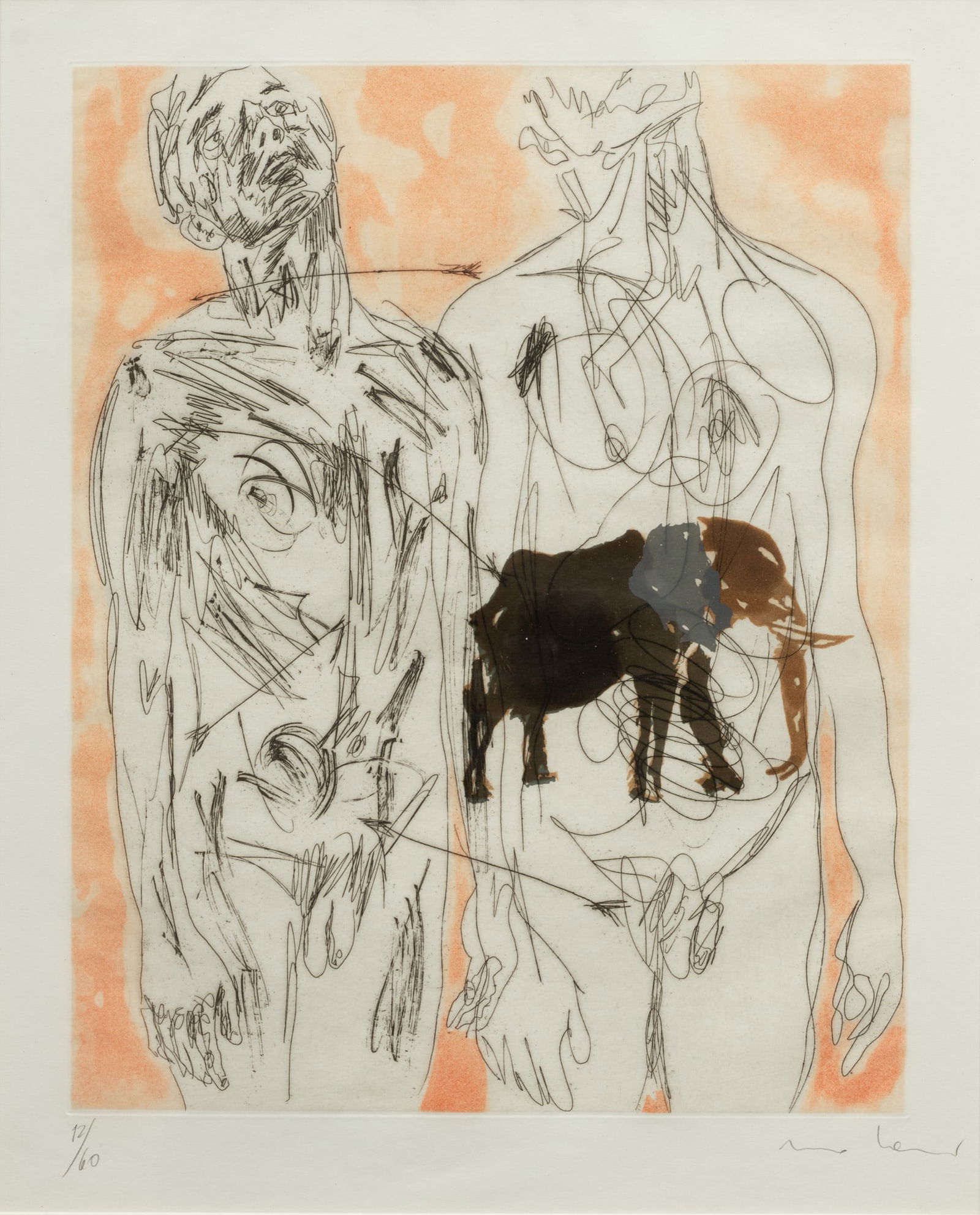 Nino Longobardi (Italian, B. 1953) Colored Etching H 14.25" W 11.5": Nino Longobardi (Italian, B. 1953) Colored Etching H 14.25" W 11.5" Depicts two nude figures with elephant, in black on white, orange ground; number 12/60. Provenance: Property from the Charitable Tr