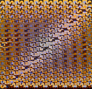 Victor Vasarely (French/Hungarian, 1906-1997) Serigraph on Paper "Permutations", H 23.25" W 23.25" H: Victor Vasarely (French/Hungarian, 1906-1997) Serigraph on Paper "Permutations", H 23.25" W 23.25" H 23.3" W 23.3" A grid of yellow and purple squares eclosing circles; signed lower right, numbered 37
