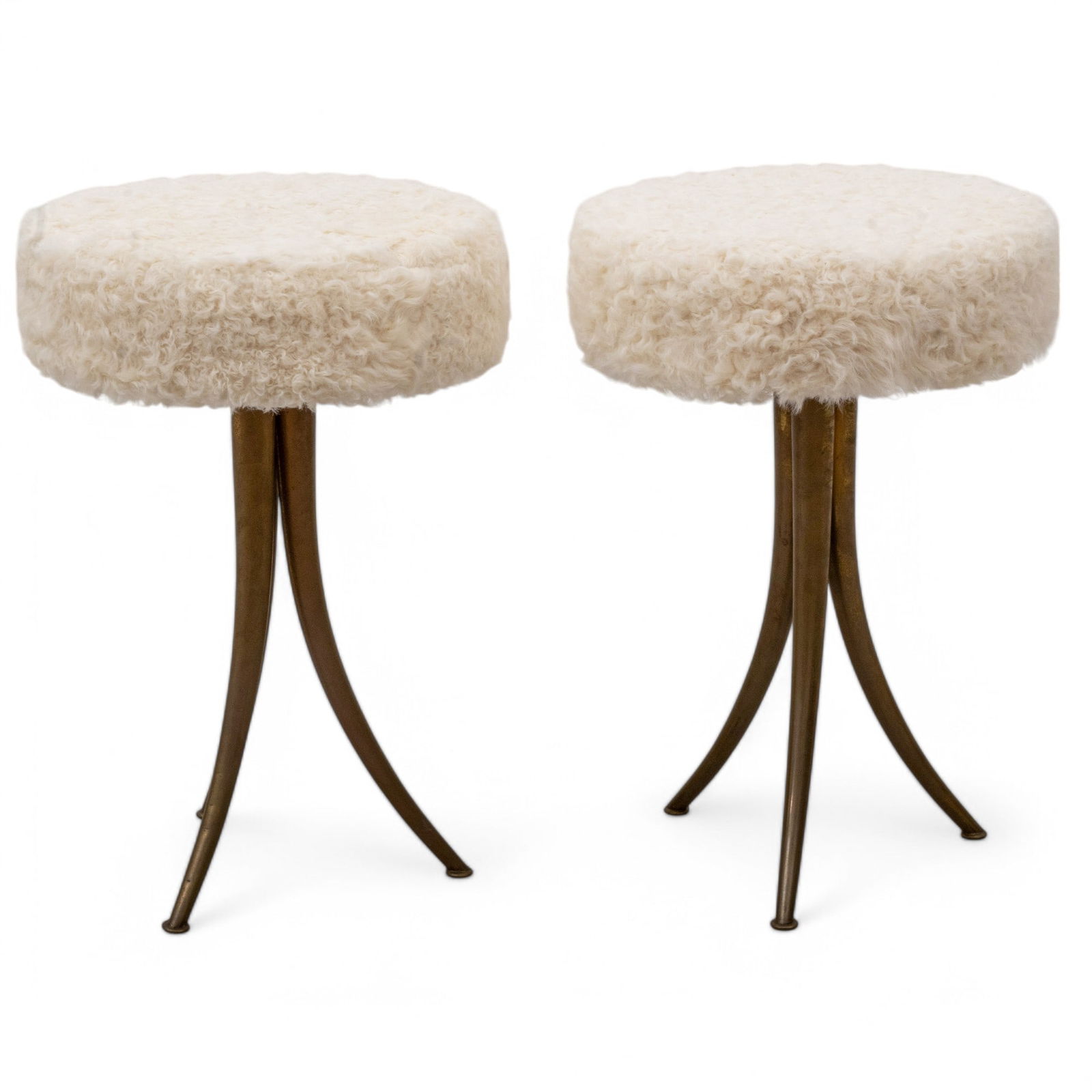 Pair of Mid Century Modern Lambs Wool & Brass Stools, Ca. 1960 H 19" Dia. 13" 2 PCS (1 of 4)