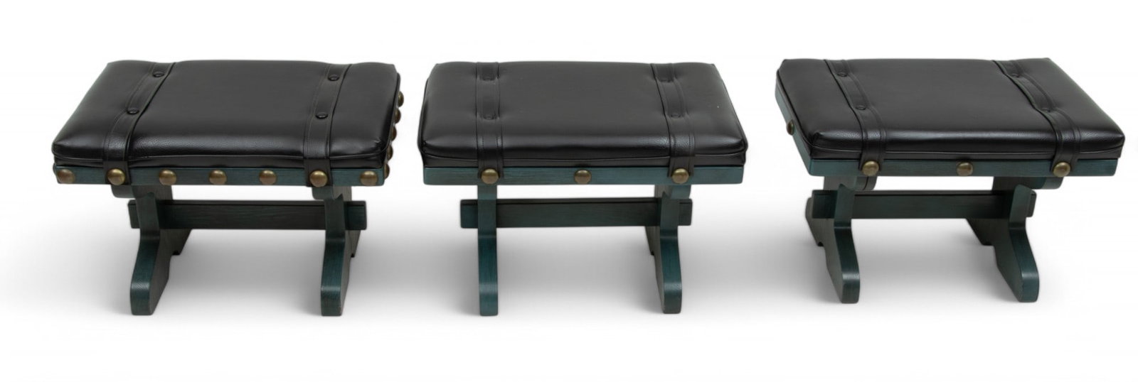 Black Vinyl Upholstered Benches, Ca. 1960 H 20" W 17" L 27" 3 PCS: Black Vinyl Upholstered Benches, Ca. 1960 H 20" W 17" L 27" 3 PCS Turquoise painted wood frames with brass button accents adorning. . Black vinyl upholstery secured by matching leather straps and orna