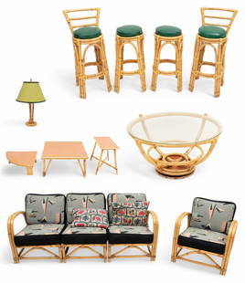 Heywood-Wakefield Co (American) Bamboo Frame Sofa, Chairs, Table 11 PCS: Heywood-Wakefield Co (American) Bamboo Frame Sofa, Chairs, Table 11 PCS Original upholstery. Sofa L 75" with three pieces H 31". Barstools with backs H 40" W 18". Barstools without backs H 32". Square
