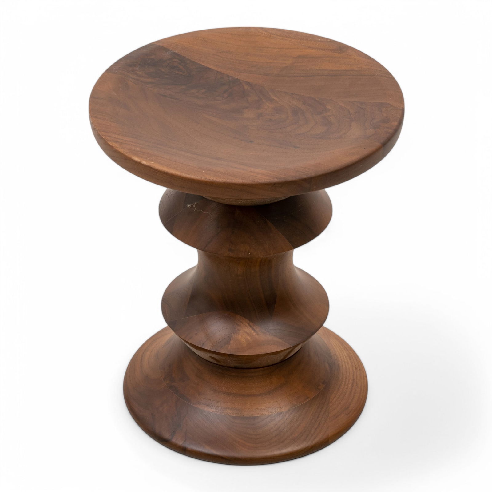 Charles And Ray Eames (American) Walnut Time Life Stool, Ca. 1960s, with Three Miniature Stools H: Charles And Ray Eames (American) Walnut Time Life Stool, Ca. 1960s, with Three Miniature Stools H 15" Dia. 13" Turned walnut stool with a convex seat. Designed by Charles and Ray Eames for the Time Li