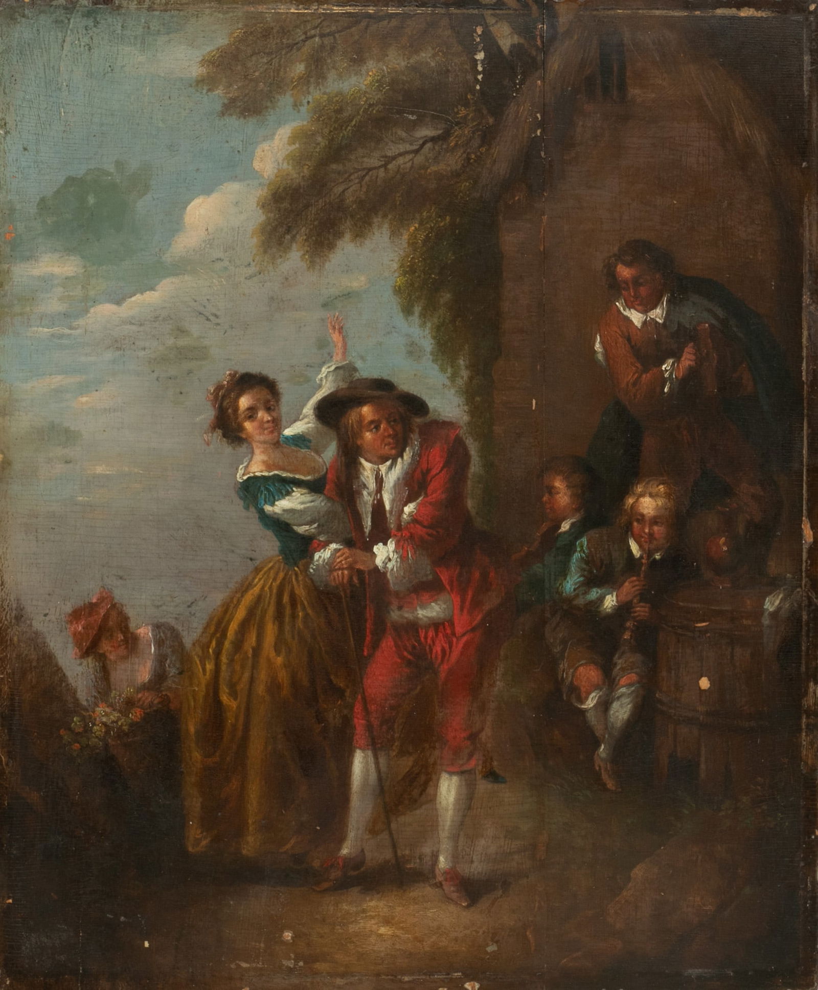 European Oil on Panel, Ca. 18th C., Scene of Courtship H 18.5" W 15" (1 of 5)