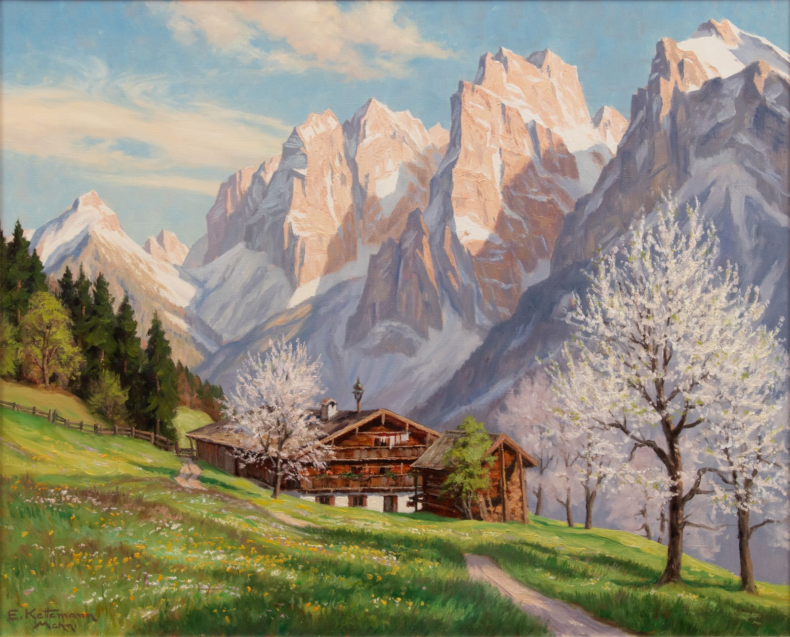 Erwin Kettemann (German, 1897-1971) Oil on Canvas, Ca. 1960, 'Alpine Scene' H 24" W 36": Erwin Kettemann (German, 1897-1971) Oil on Canvas, Ca. 1960, 'Alpine Scene' H 24" W 36" Signed lower right "Ketterman, Munch". Provenance: Estate of Margot H. Ness, Grosse Pointe, MI Dimensions