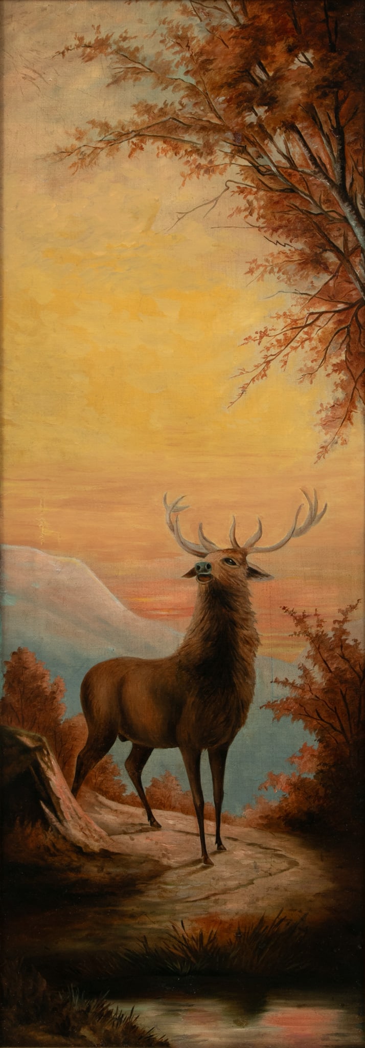 American Oil on Canvas, Ca. Early 20th C., 'Bugling Elk at Sunset' H 36" W 13" (1 of 4)