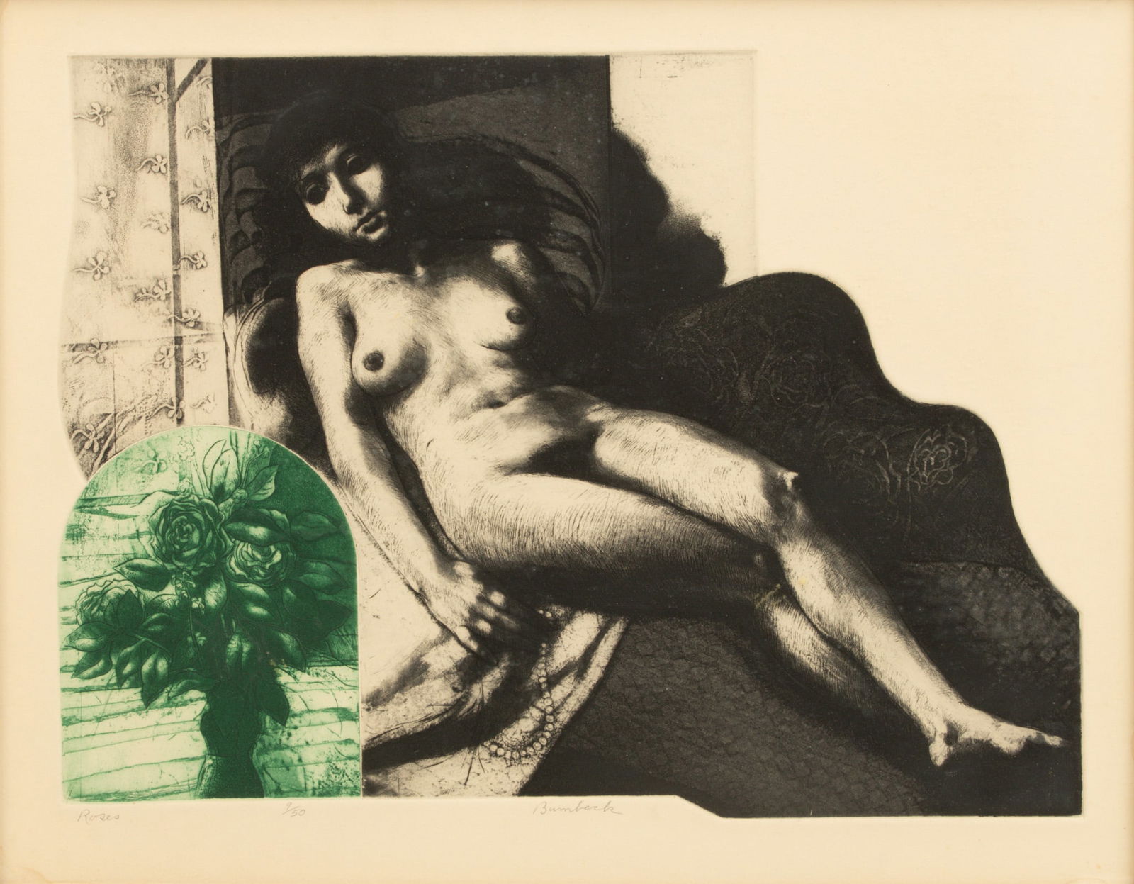 David Bumbeck (American, B. 1940) Etching 'Roses' H 15.5" W 19.5": David Bumbeck (American, B. 1940) Etching 'Roses' H 15.5" W 19.5" Etching in black and green of a reclining nude and an arrangement of roses in a vase. Strong impression with innovative use of shaped
