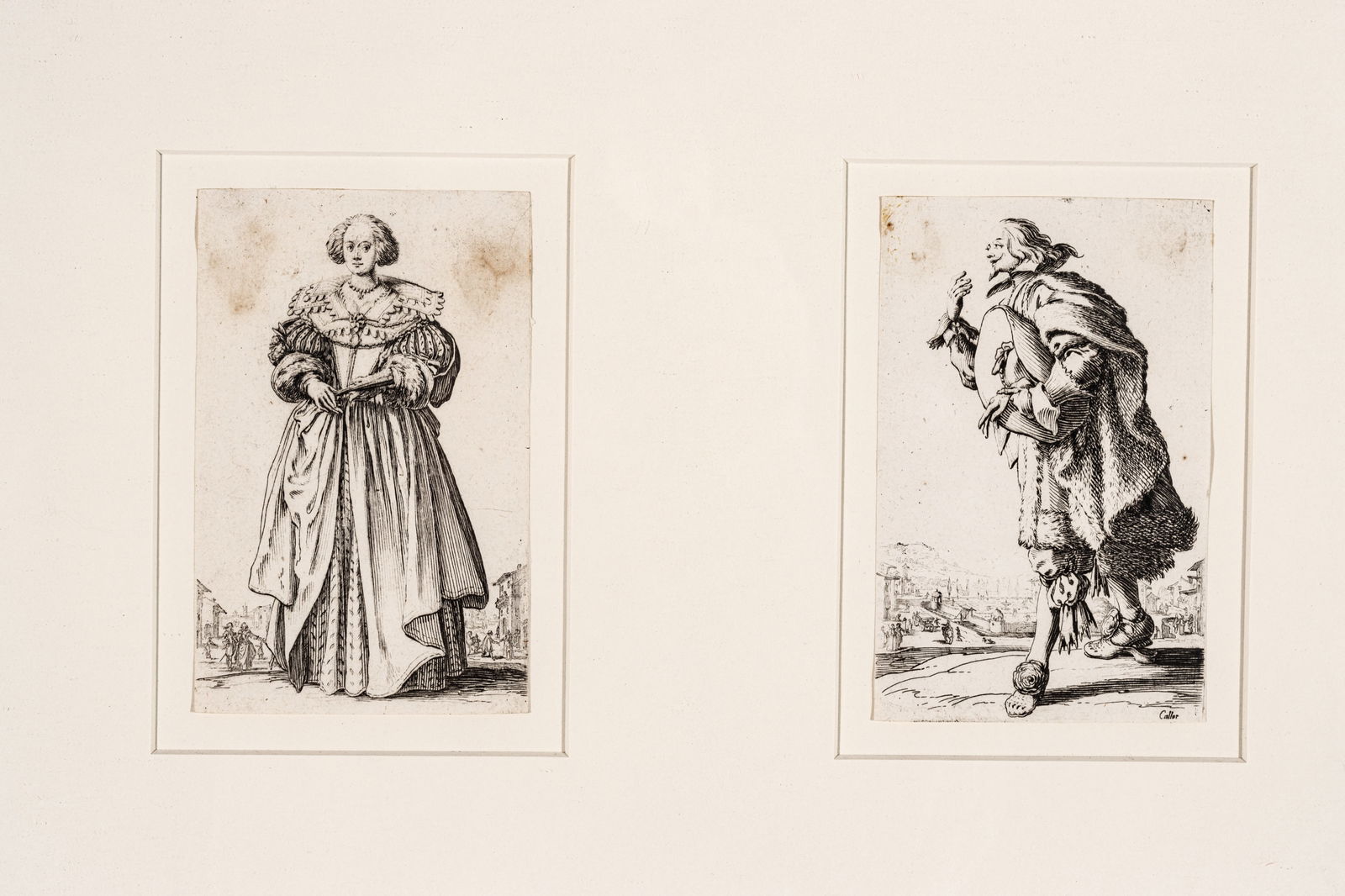 Jacques Callot (French, 1592-1635) Engravings on Laid Paper, Two Images from La Noblesse, Ca. 19th: Jacques Callot (French, 1592-1635) Engravings on Laid Paper, Two Images from La Noblesse, Ca. 19th C. H 5.8" W 3.8" Two images of nobility, one male and one female. No apparent watermarks. Framed toge
